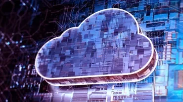 Digital cloud illustration over circuit board background.